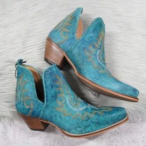MYRA Turquoise Embroidered Leather Block Heel Western Ankle Booties Women Size 7